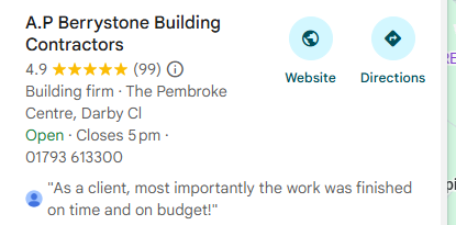 A P Berrystone Building Contractors shown as the top organic Google result for building contractors swindon