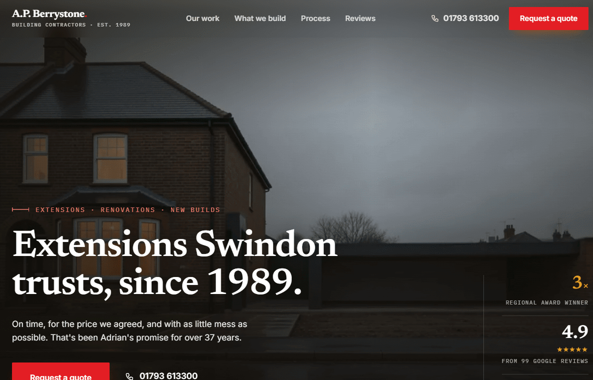 The rebuilt A P Berrystone website, showing the extension headline, award record and Google rating
